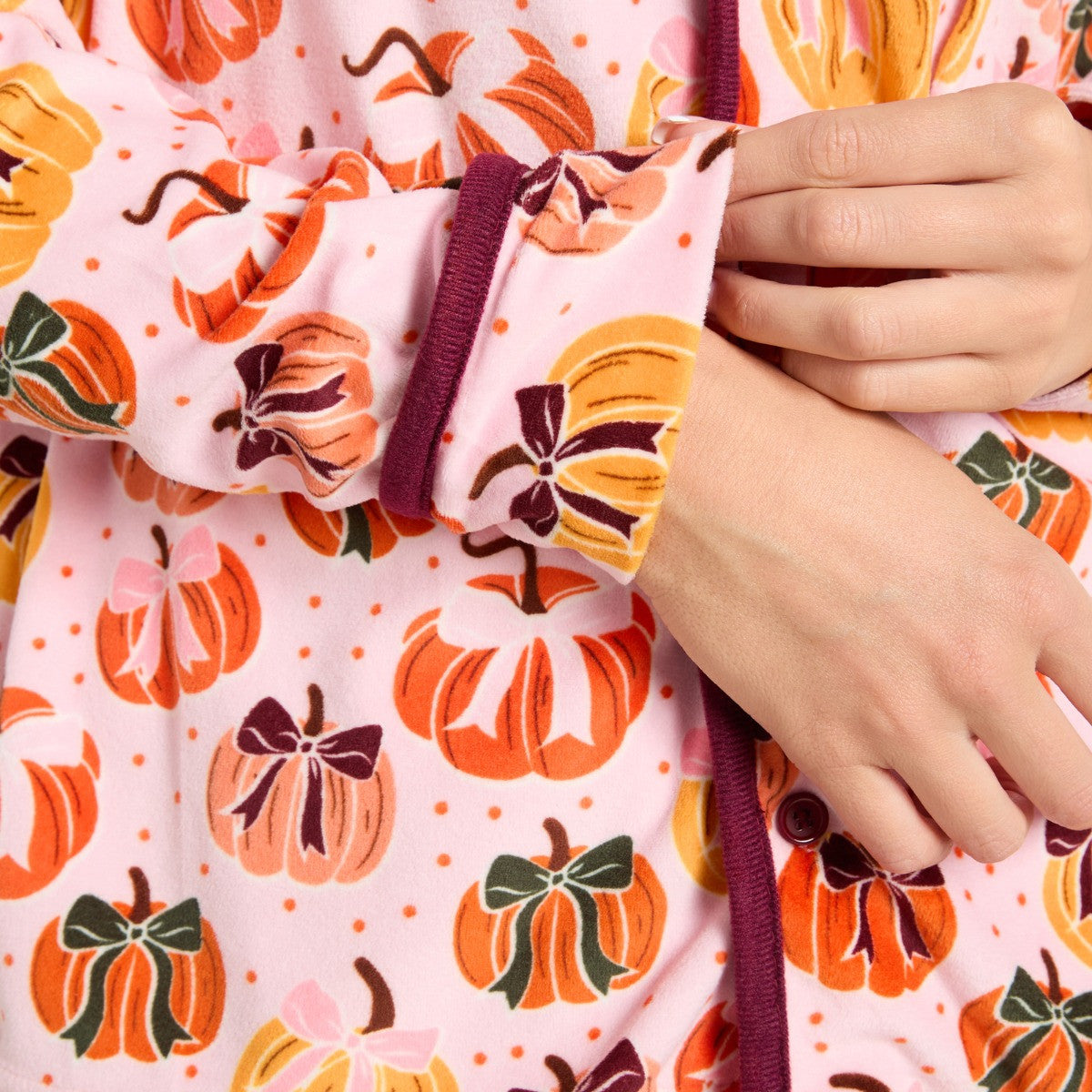 Pumpkin Bow Print Matte Velvet Button Through Pyjama Set - Pink 🇬🇧