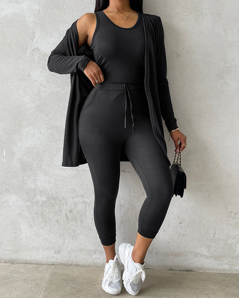 3 Piece Lounge Set Crewneck Sleeveless Tank Top Long Sleeve Open Front Coat Pants Sweatsuit 🇺🇸