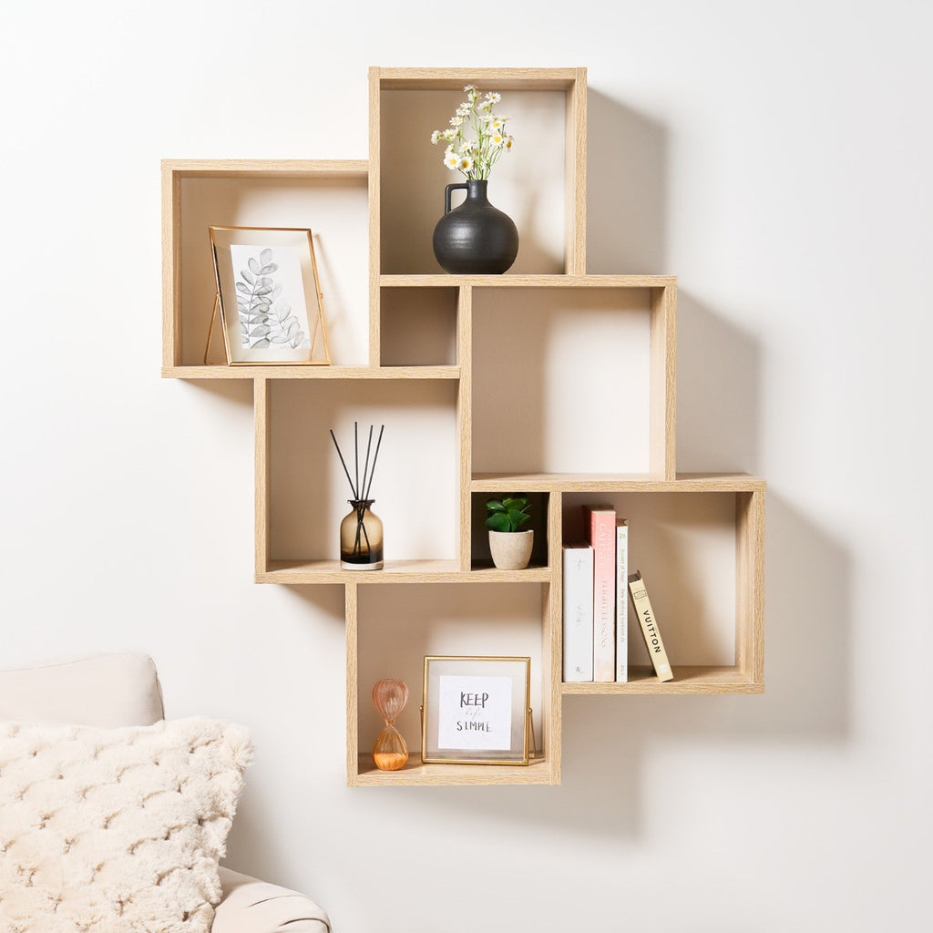 6-Tier Mounted Cube Shelving Unit - Natural Wood 🇬🇧
