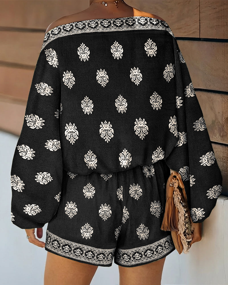 2 Pieces Outfit Boho Skew Neck Lantern Sleeve Top and Elastic Waist Shorts Set Casual Vintage Baroque Placement Print Vacation Set 🇺🇸