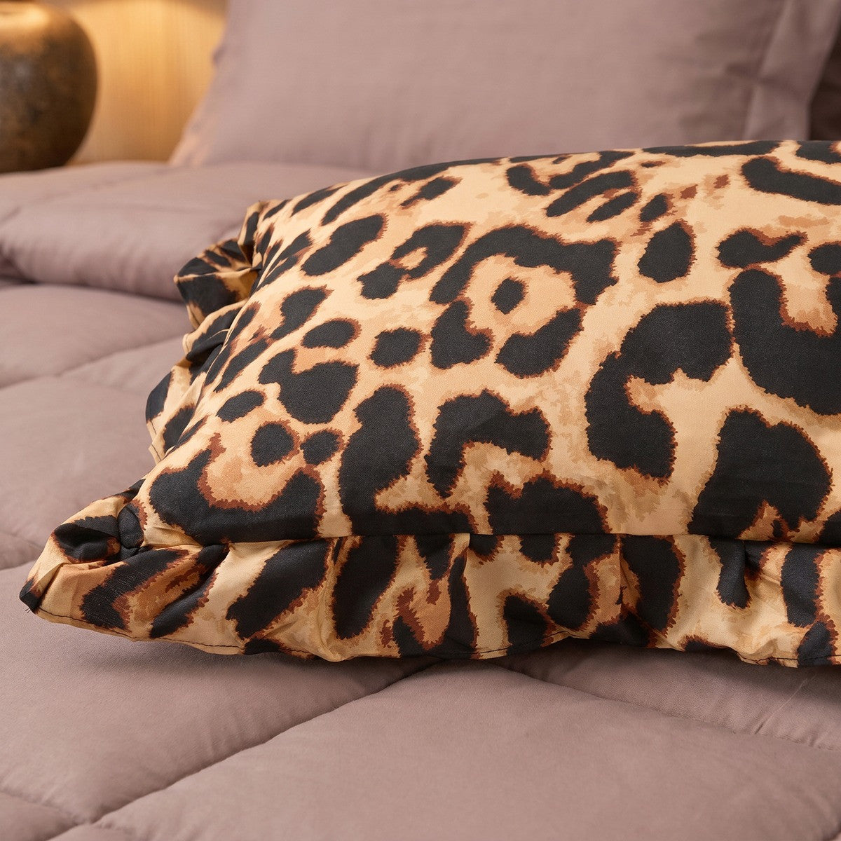 Leopard Print Frill Edge Bolster Pillow - Natural 🇬🇧