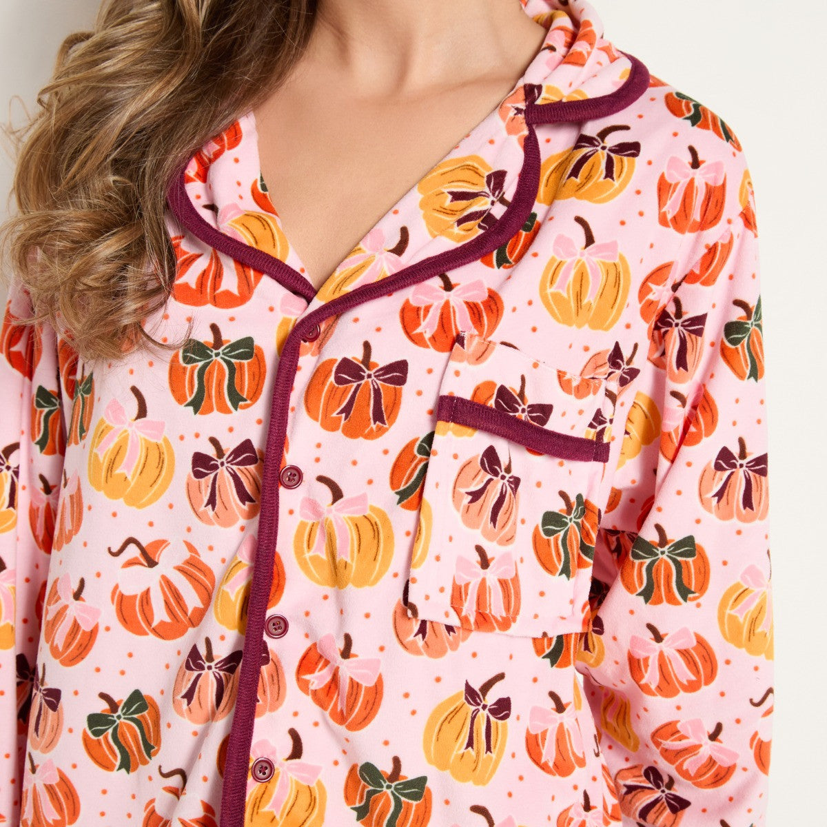 Pumpkin Bow Print Matte Velvet Button Through Pyjama Set - Pink 🇬🇧