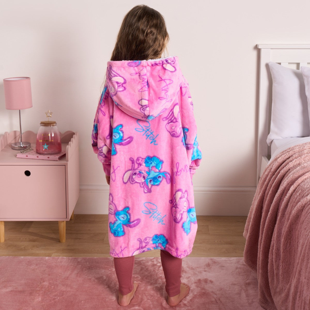 Kids Stitch & Angel Novelty Sherpa Hoodie Blanket - Pink 🇬🇧