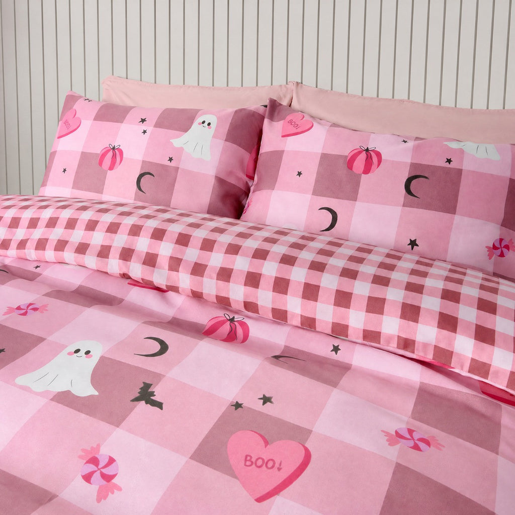 Halloween Gingham Reversible Duvet Cover Set - Pink 🇬🇧