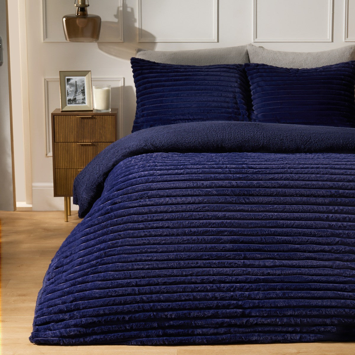 Ribbed Faux Fur Duvet Cover Set - Navy 🇬🇧