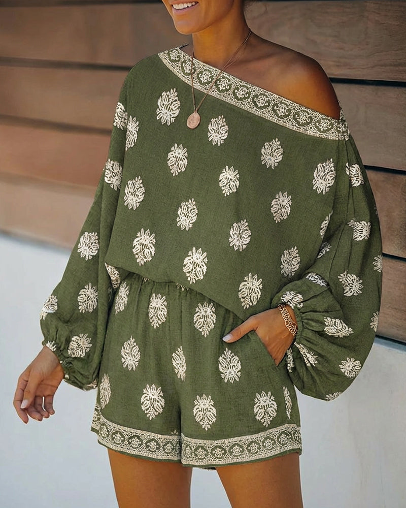 2 Pieces Outfit Boho Skew Neck Lantern Sleeve Top and Elastic Waist Shorts Set Casual Vintage Baroque Placement Print Vacation Set 🇺🇸