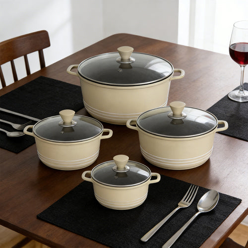 4PCS Die Cast Stockpot Pan with Lids Non Stick Cookware Set Stockpot Pan Stock Pot Kitchen Cooking Cream Colour 🇬🇧