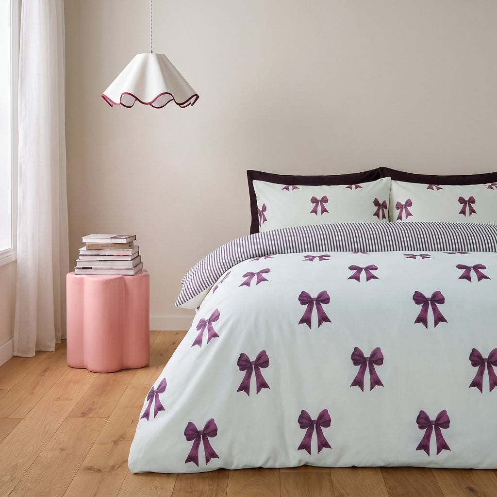 Bow and Stripe Duvet Cover Set - Plum 🇬🇧
