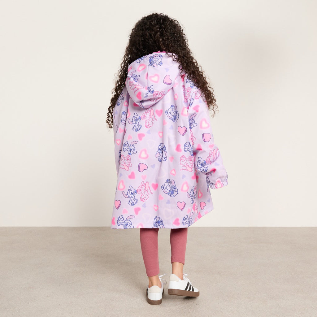 Kids Water Resistant Stitch & Angel Print Sherpa Drying Robe - Lilac/Pink 🇬🇧