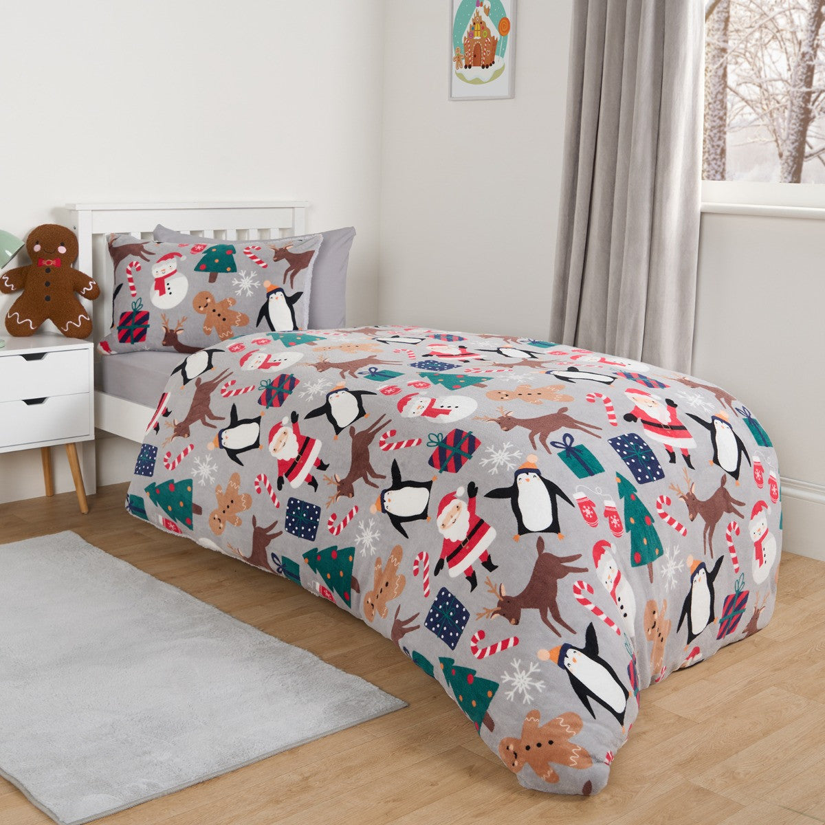Christmas Friends Fleece Duvet Set, Grey - Single 🇬🇧