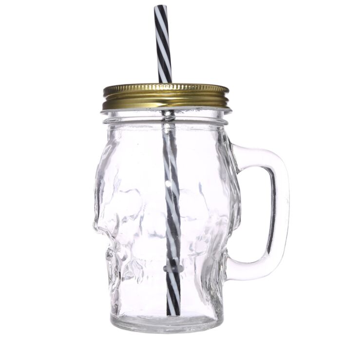 Glass Skull Drinking Jar with Metal Lid & Stripy Straw 🇬🇧