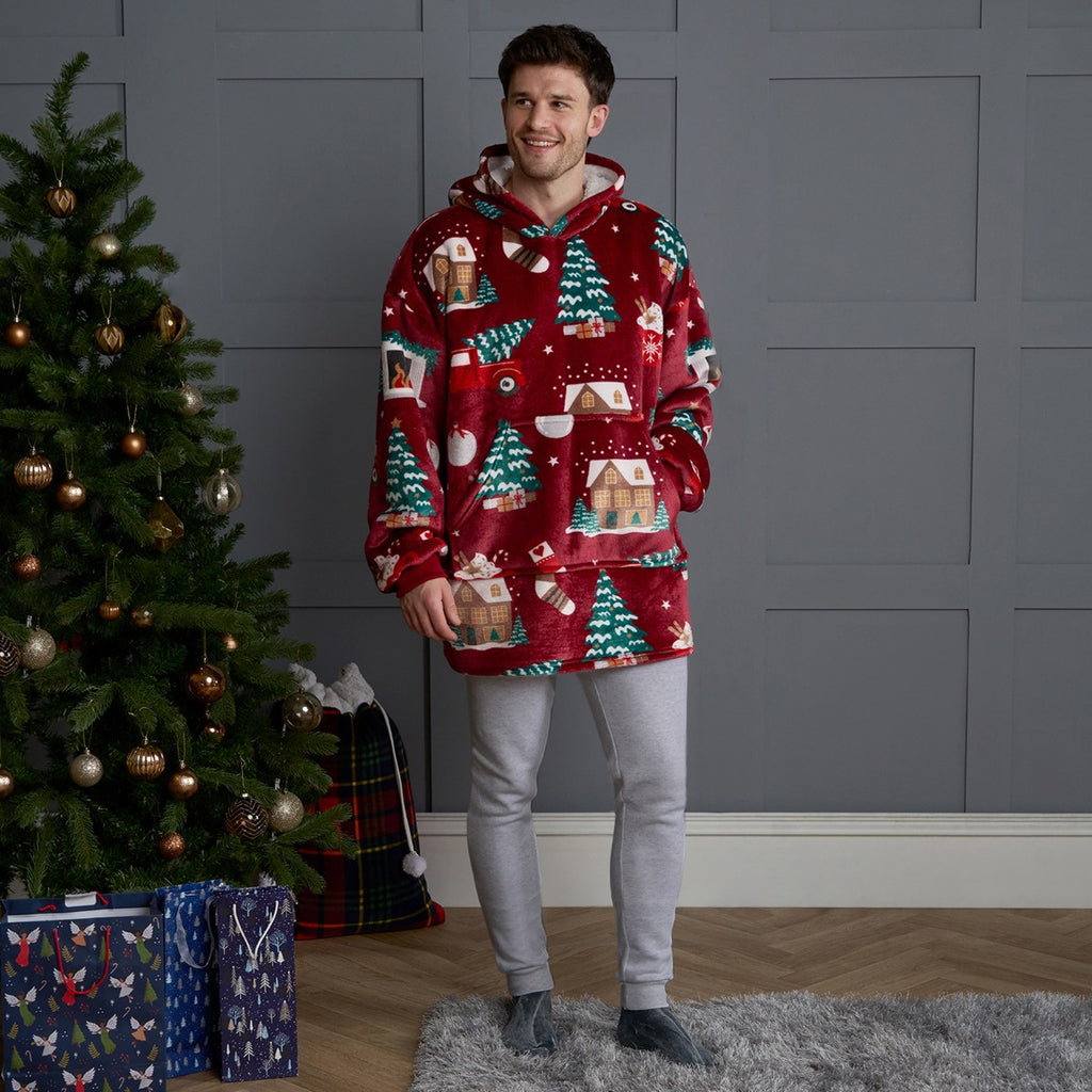 Adults Home For Christmas Print Hoodie Blanket - Burgundy 🇬🇧