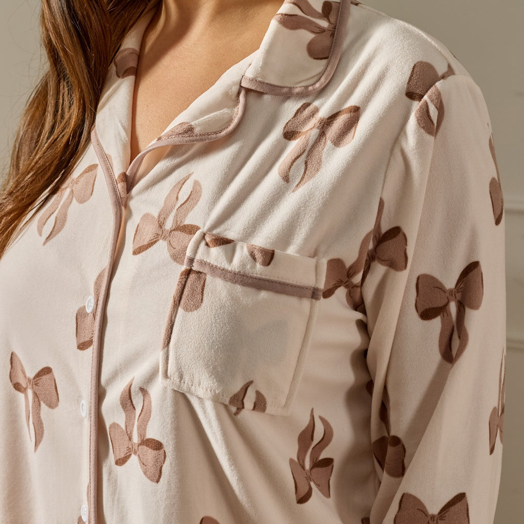Bow Print Button Through Pyjama Set - Cream 🇬🇧
