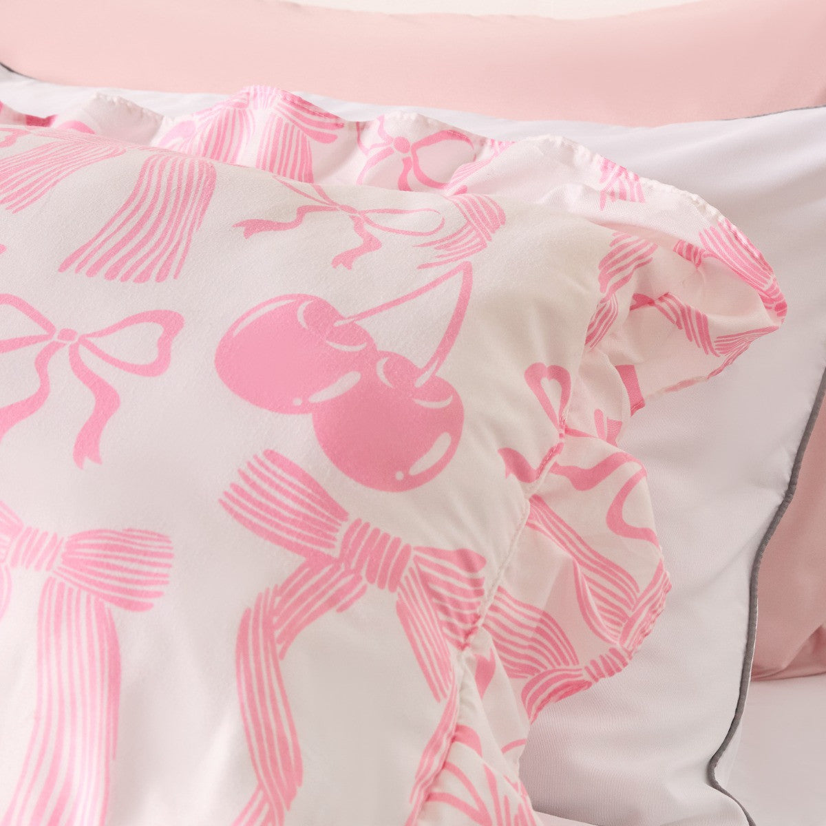 Bow Print Frill Edge Bolster Pillow - Pink 🇬🇧