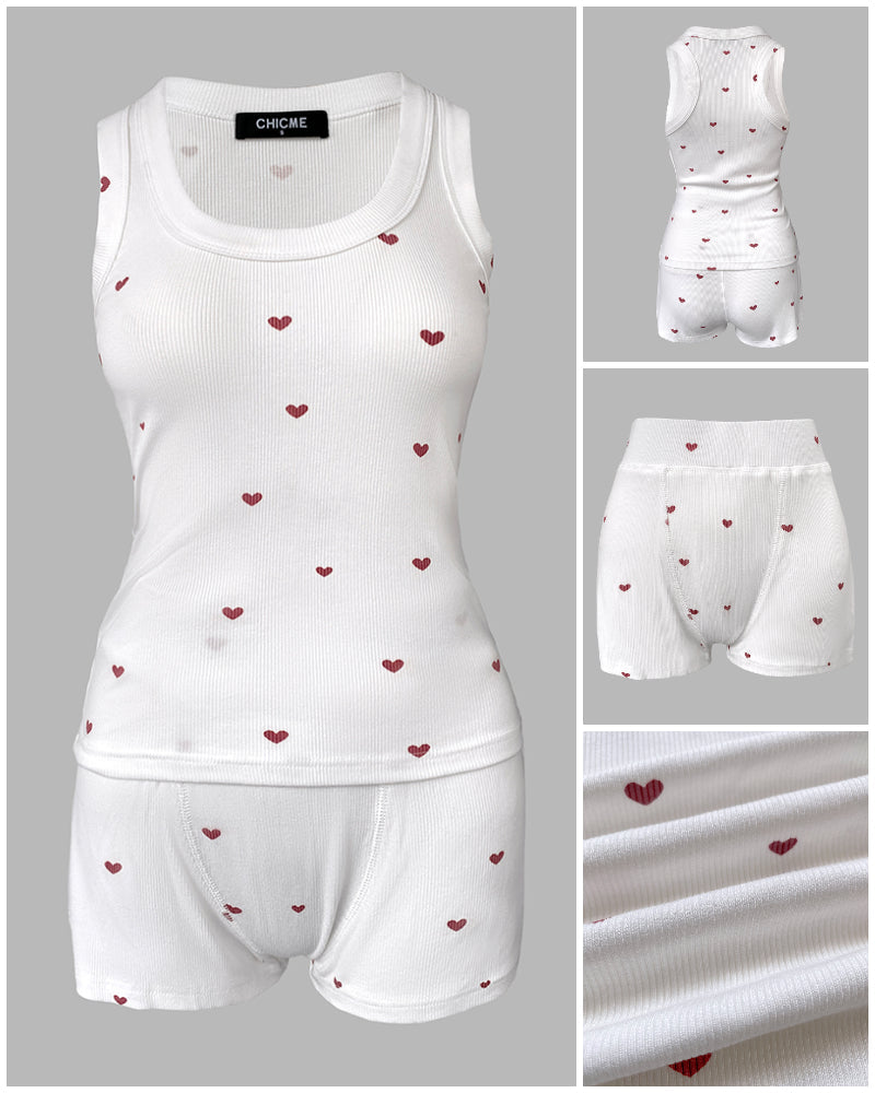 2 Pieces Outfit Heart Print U Neck Sleeveless Tank Top And Casual Strechy Waist Shorts Set Slim Fit Ribbed Pajamas Set 🇺🇸