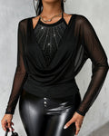 Rhinestone Decor Halter Tie Cowl Neck Long Sleeve Tee Casual Sheer Mesh Spliced Backless Top 🇺🇸