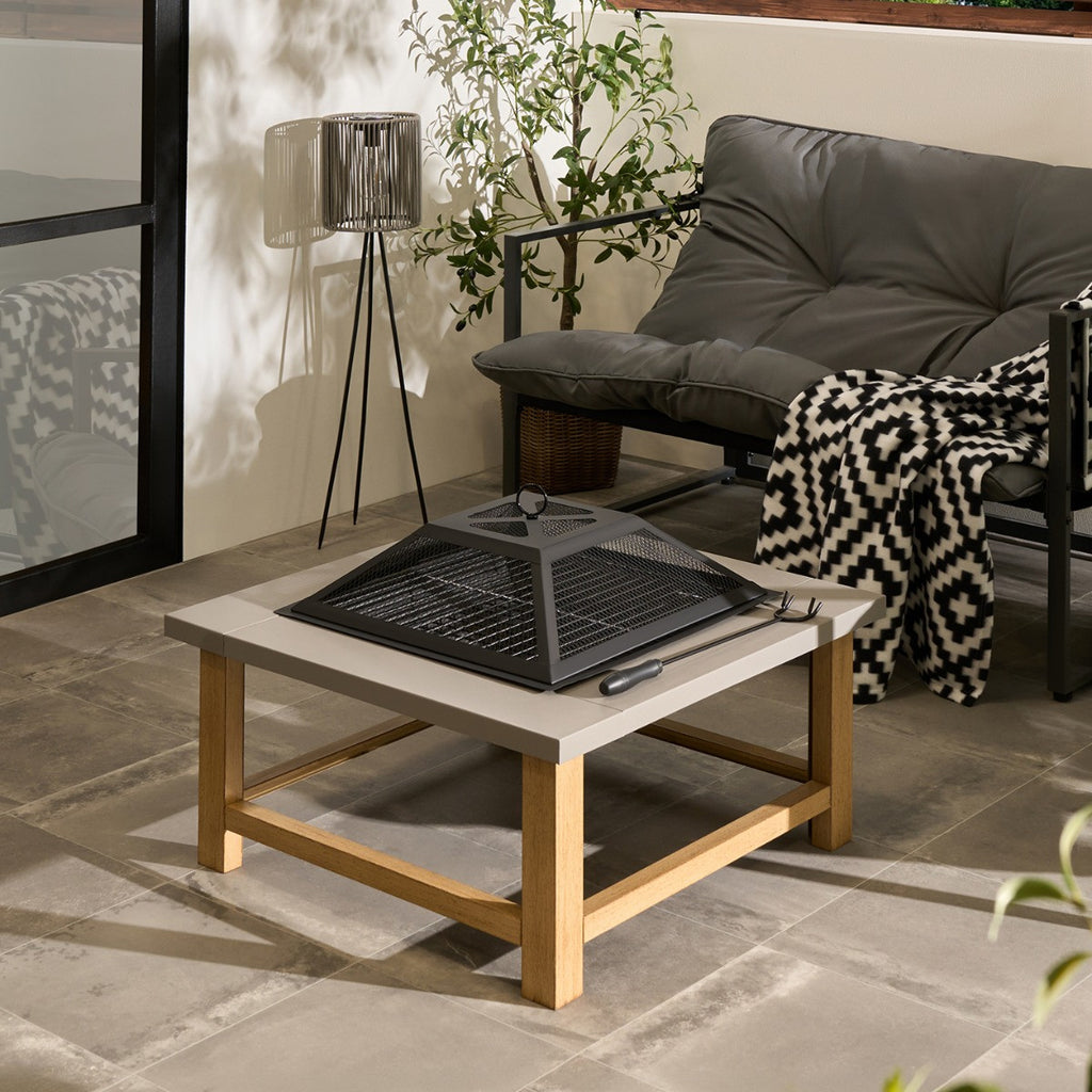 Square Outdoor Firepit with Cover & Poker - Grey 🇬🇧