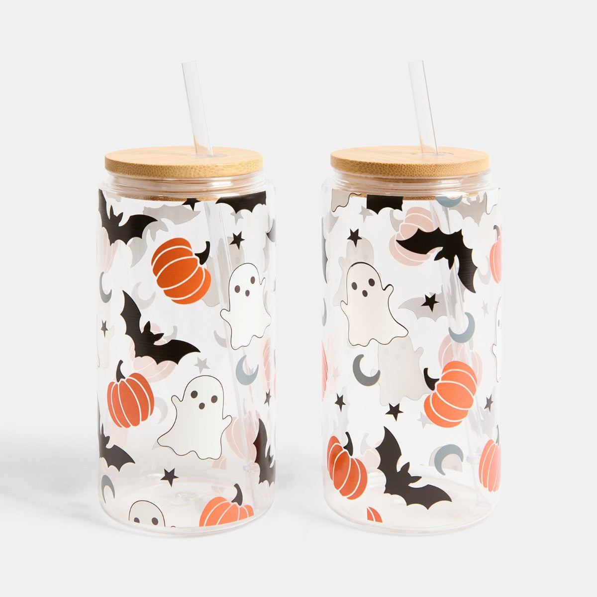 2 Pack Ghost Bat Print Plastic Drinking Jars - Multi 🇬🇧