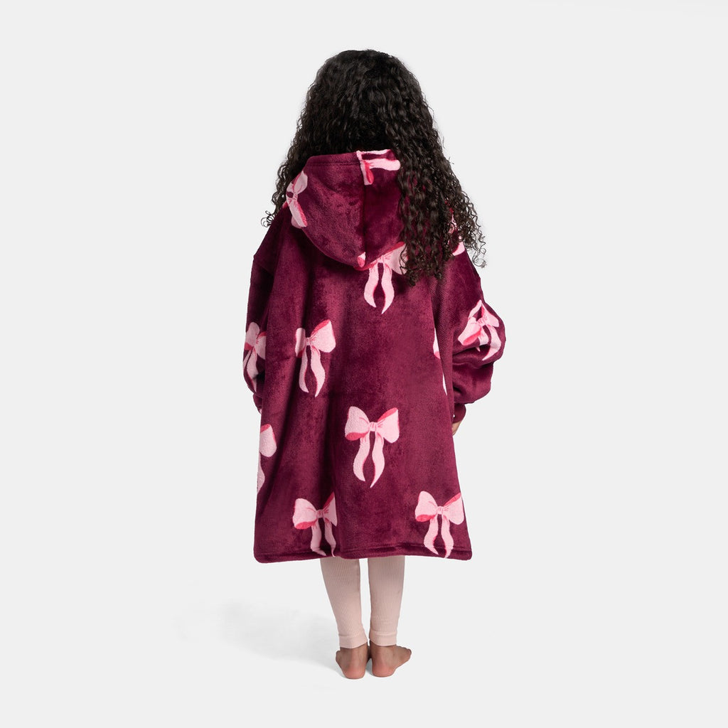 Kids Bow Print Hoodie Blanket - Burgundy/Pink 🇬🇧