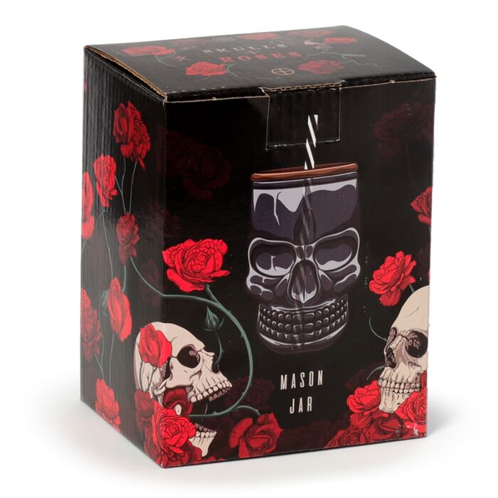 Glass Skull Drinking Jar with Metal Lid & Stripy Straw 🇬🇧