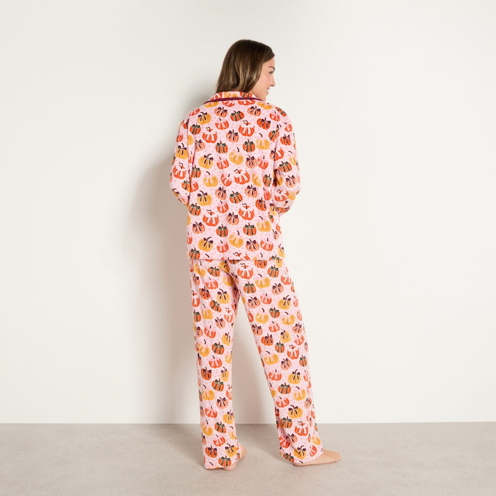 Pumpkin Bow Print Matte Velvet Button Through Pyjama Set - Pink 🇬🇧