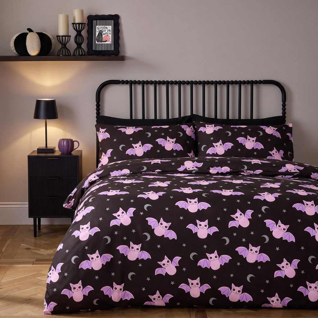 Bat Print Duvet Cover Set - Black 🇬🇧