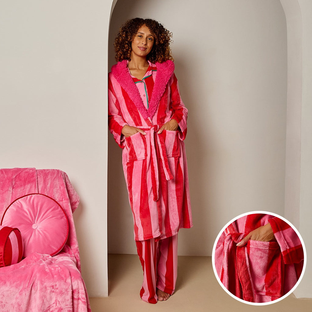 Flannel Fleece Candy Stripe Dressing Gown, Adult - Pink 🇬🇧
