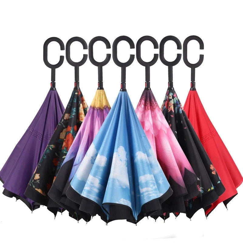 Reverse Inverted Double Layer Umbrella with C Handle Assorted Designs 80cm - Random Colour 🇬🇧