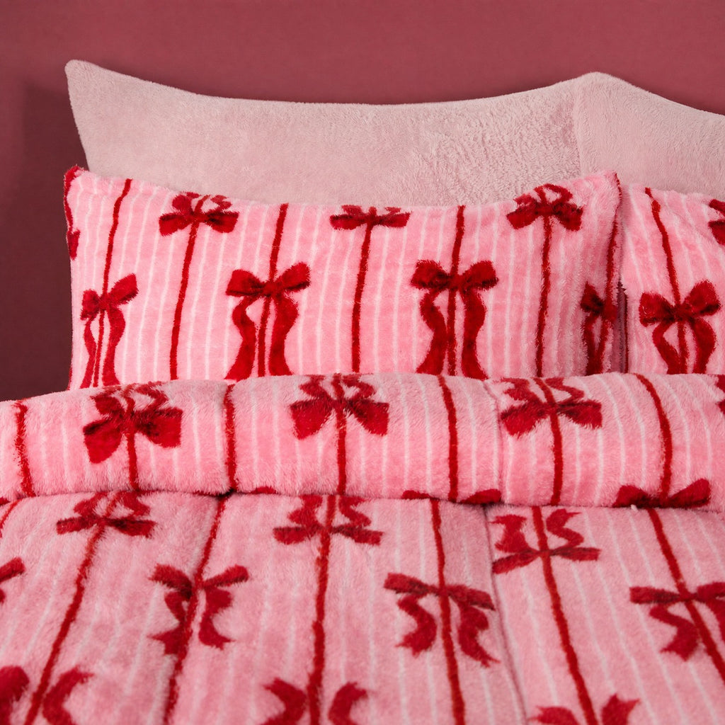 Bow Stripe Print Teddy Coverless 10.5 Tog Duvet Set - Pink 🇬🇧