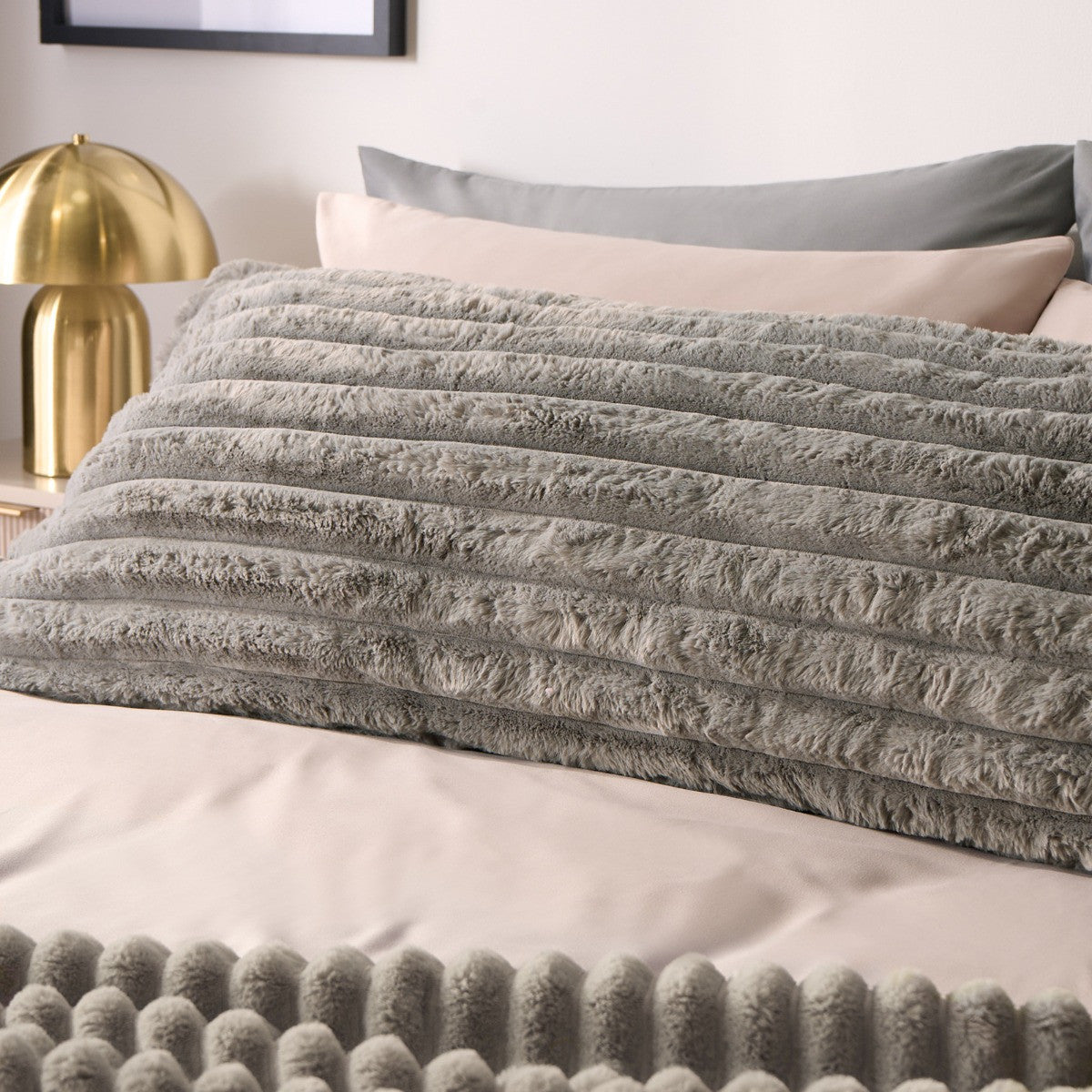 Ribbed Faux Fur Bolster Pillow - Grey 🇬🇧