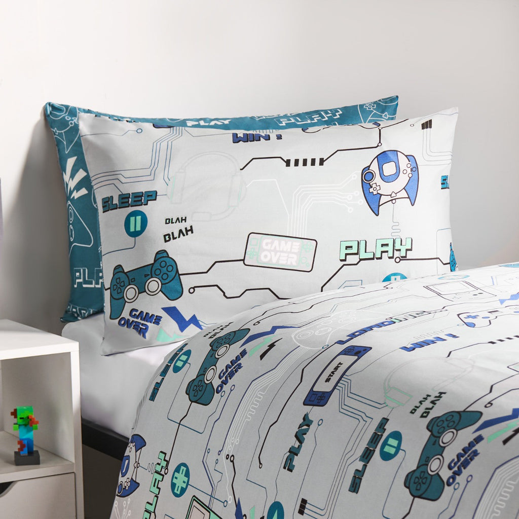 Kids Gaming Console Print Reversible Duvet Cover Set - Grey/Blue 🇬🇧