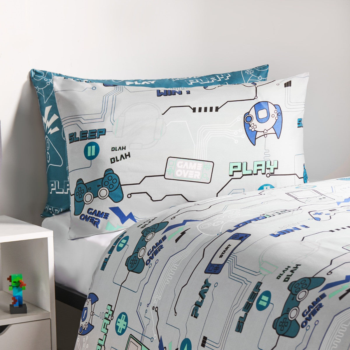 Kids Gaming Console Print Reversible Duvet Cover Set - Grey/Blue 🇬🇧