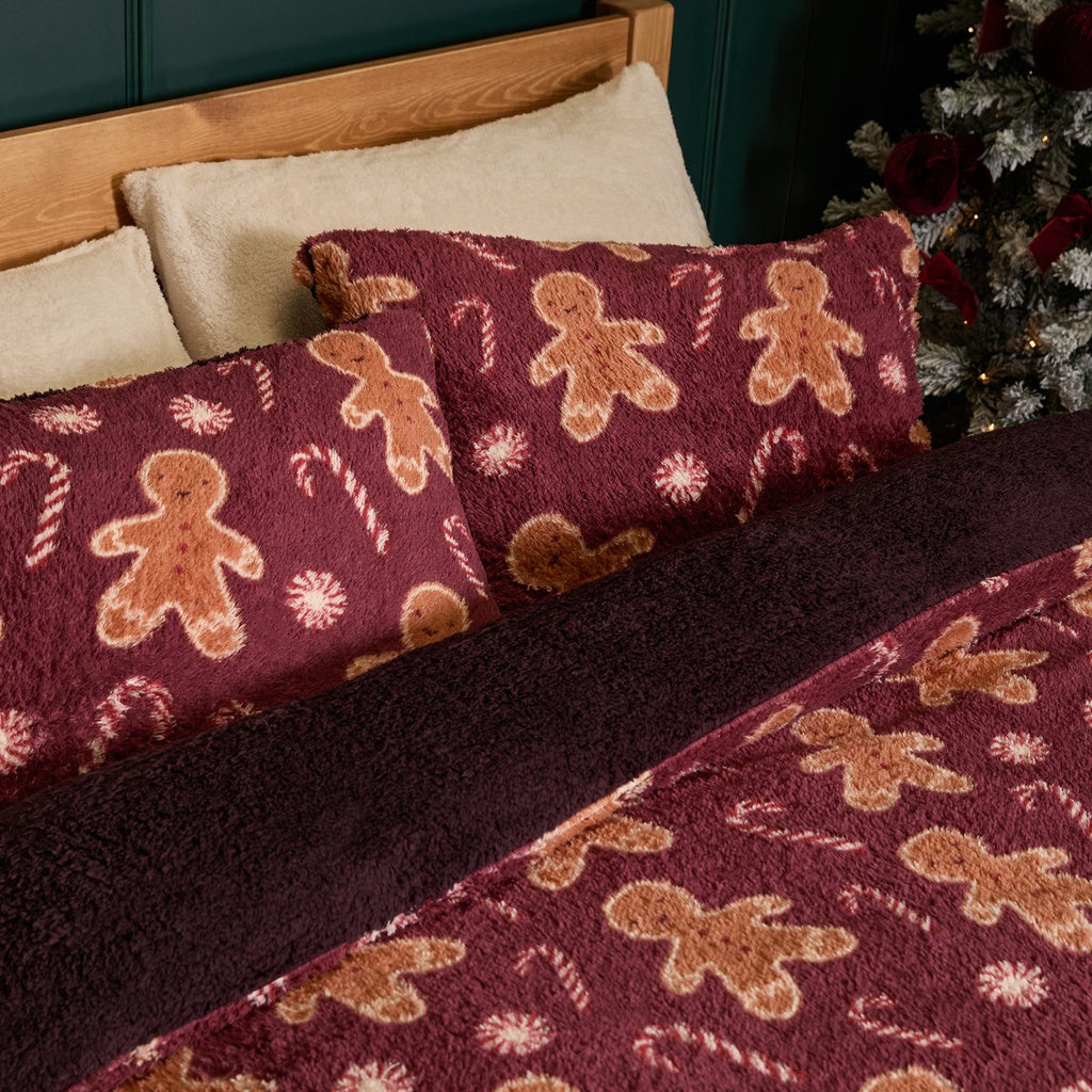 Gingerbread Man Print Teddy Fleece Duvet Cover Set - Burgundy 🇬🇧