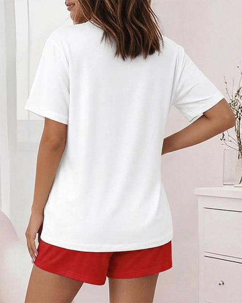 2 Pieces Outfit Graphic Print Round Neck Short Sleeve Top and Elastic Waist Shorts Set Casual Pajamas Set 🇺🇸