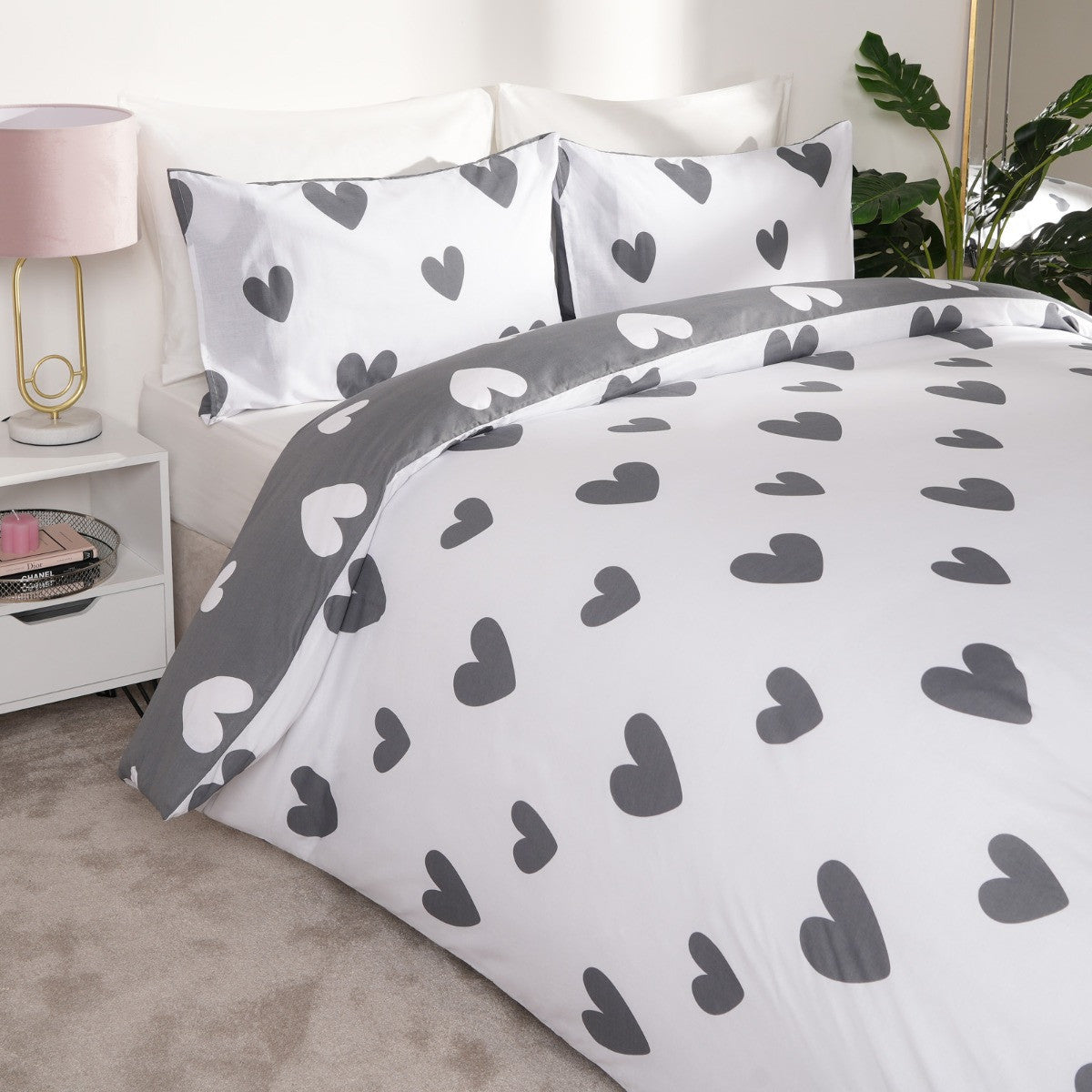 Heart Print Duvet Cover Set - Charcoal 🇬🇧
