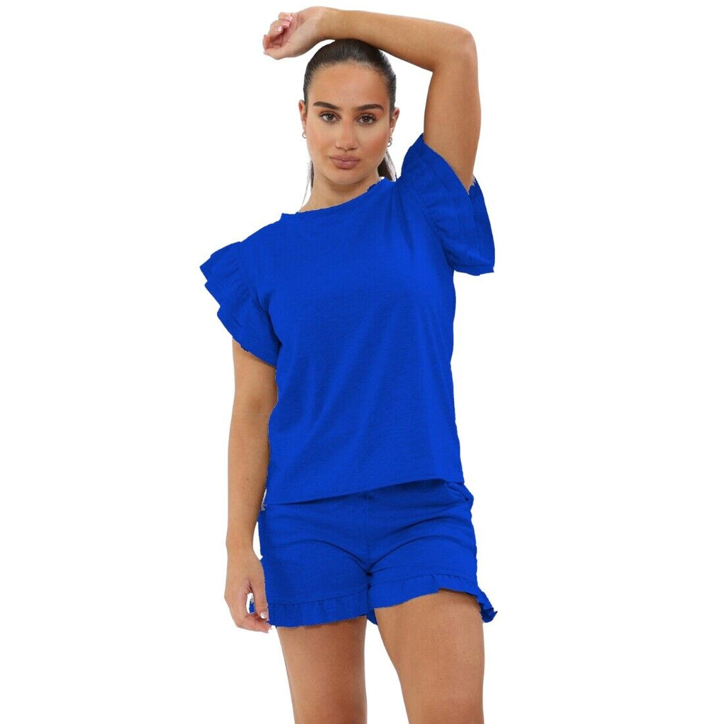 Ladies Frill Peplum Sleeve Top and Short 2 Piece Tracksuit Set 🇬🇧