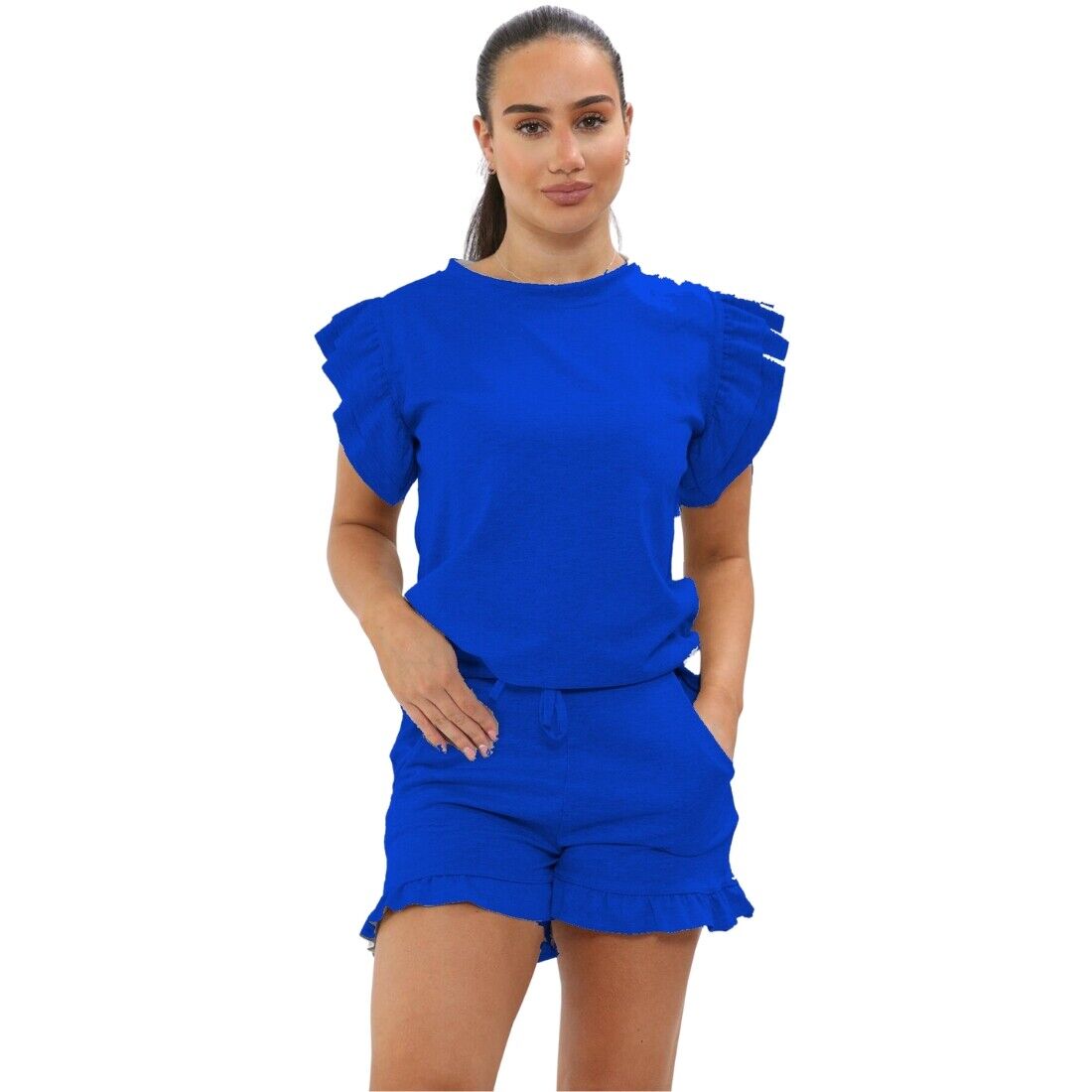 Ladies Frill Peplum Sleeve Top and Short 2 Piece Tracksuit Set 🇬🇧