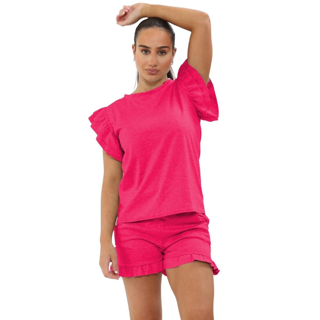 Ladies Frill Peplum Sleeve Top and Short 2 Piece Tracksuit Set 🇬🇧
