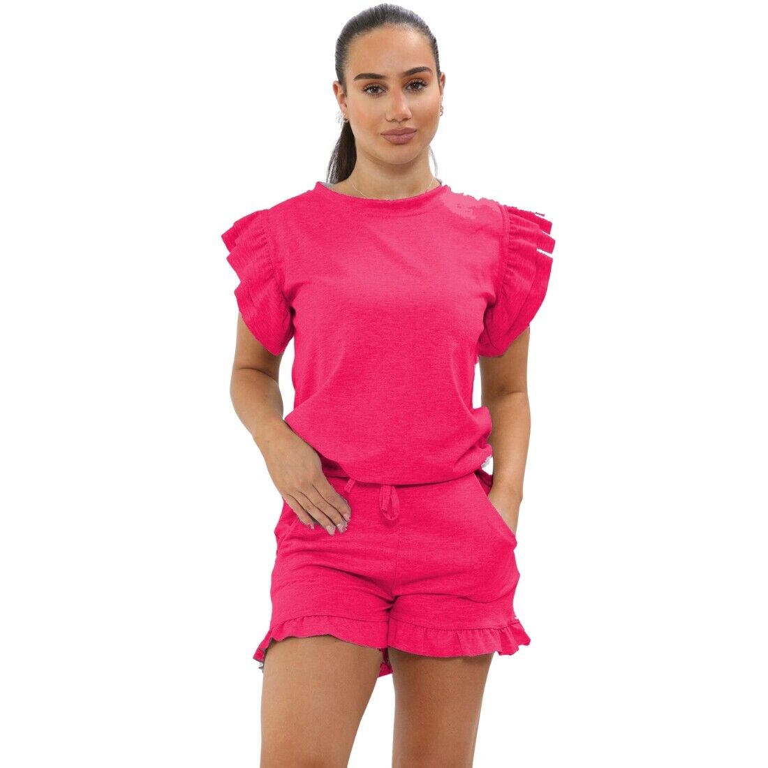 Ladies Frill Peplum Sleeve Top and Short 2 Piece Tracksuit Set 🇬🇧
