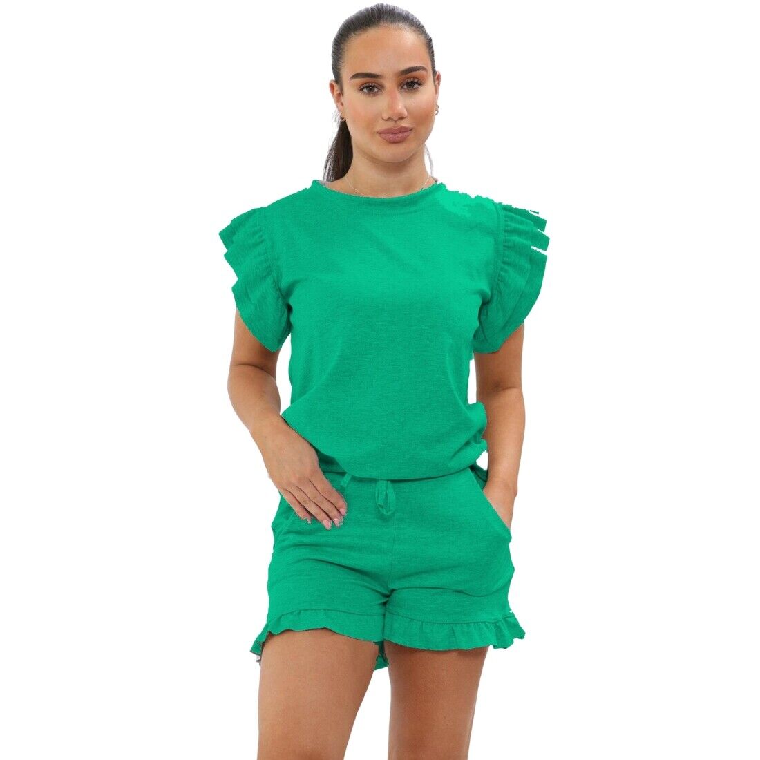 Ladies Frill Peplum Sleeve Top and Short 2 Piece Tracksuit Set 🇬🇧