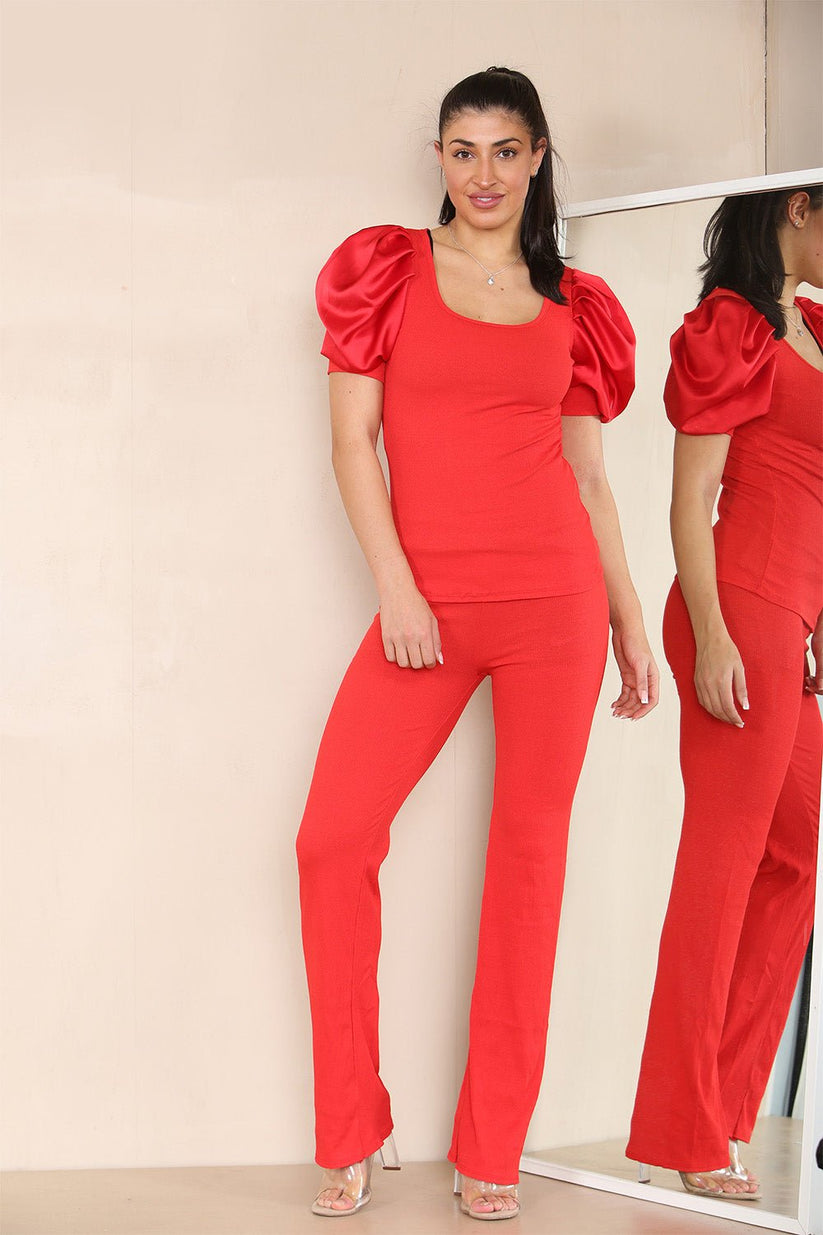 Silky Satin Puff Sleeves Ribbed Lounge Set 🇬🇧