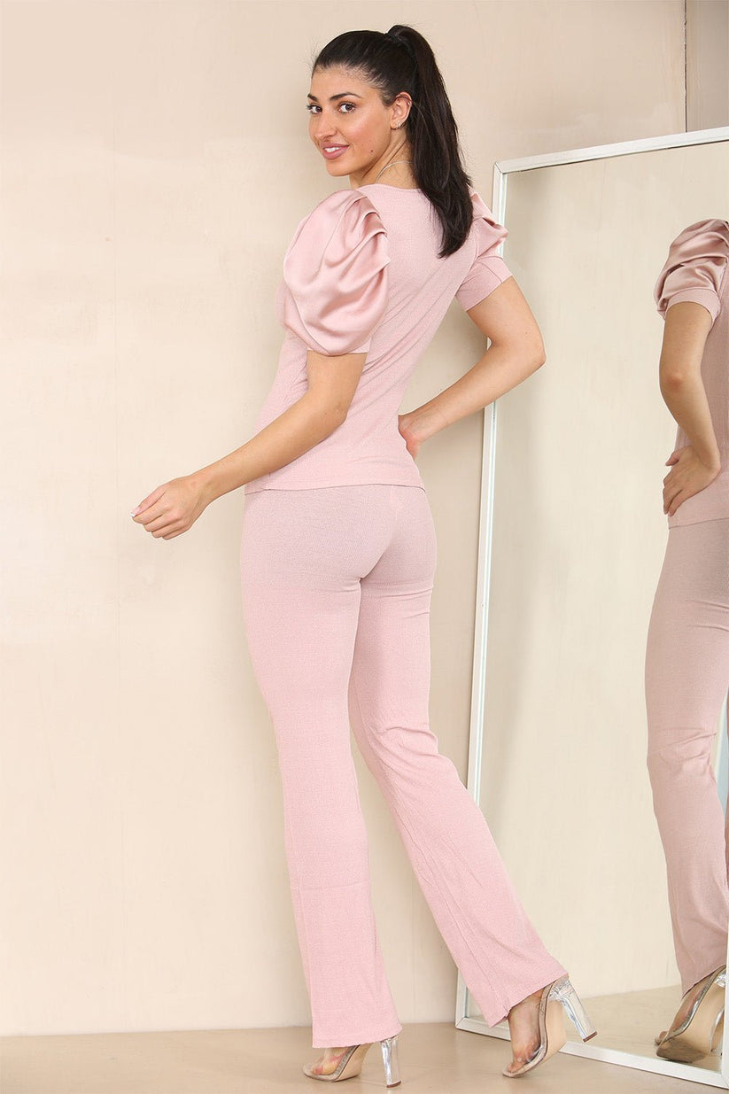 Silky Satin Puff Sleeves Ribbed Lounge Set 🇬🇧