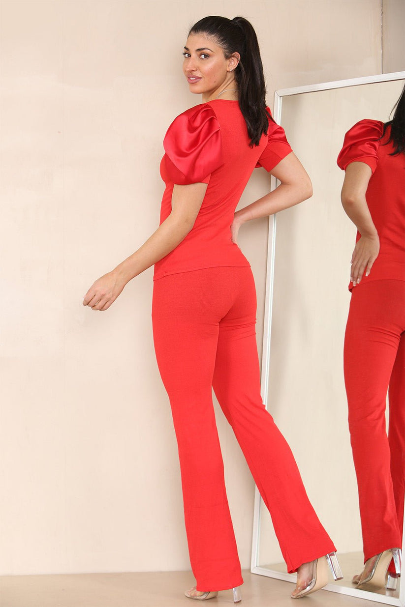 Silky Satin Puff Sleeves Ribbed Lounge Set 🇬🇧