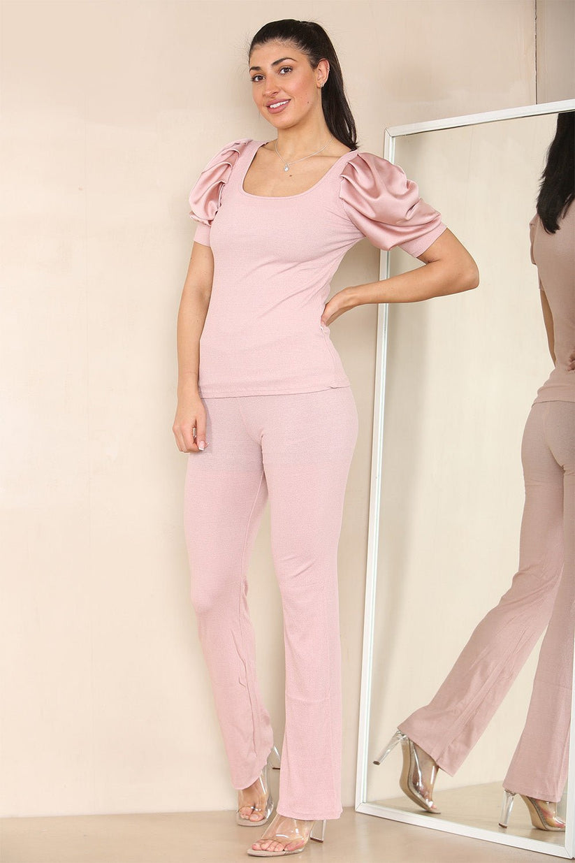 Silky Satin Puff Sleeves Ribbed Lounge Set 🇬🇧
