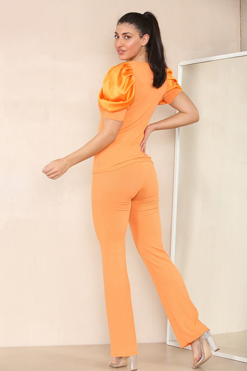 Silky Satin Puff Sleeves Ribbed Lounge Set 🇬🇧