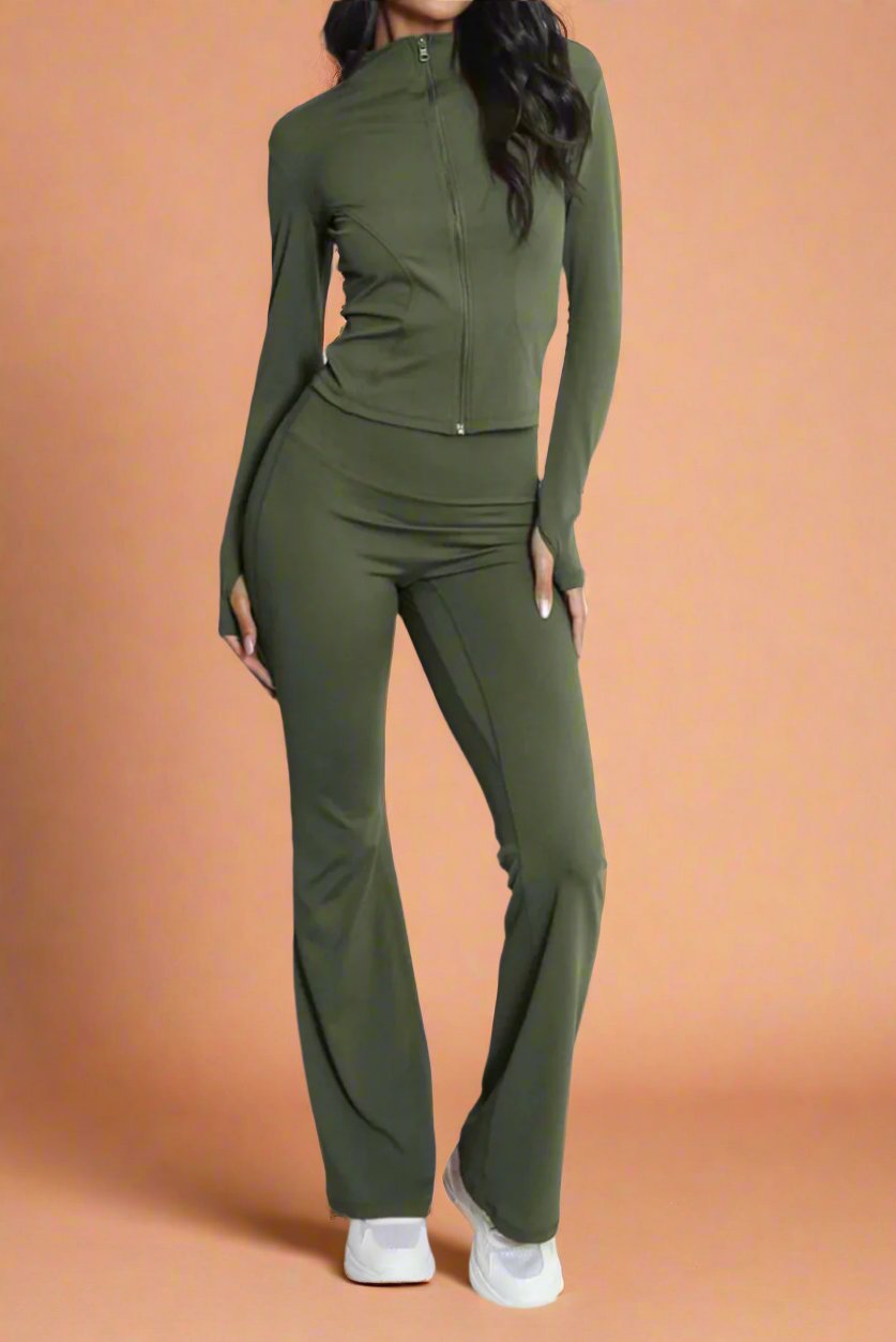 Super Active Zip Top and Push Up Flared Trousers Ruched Bum Gym Set 🇬🇧