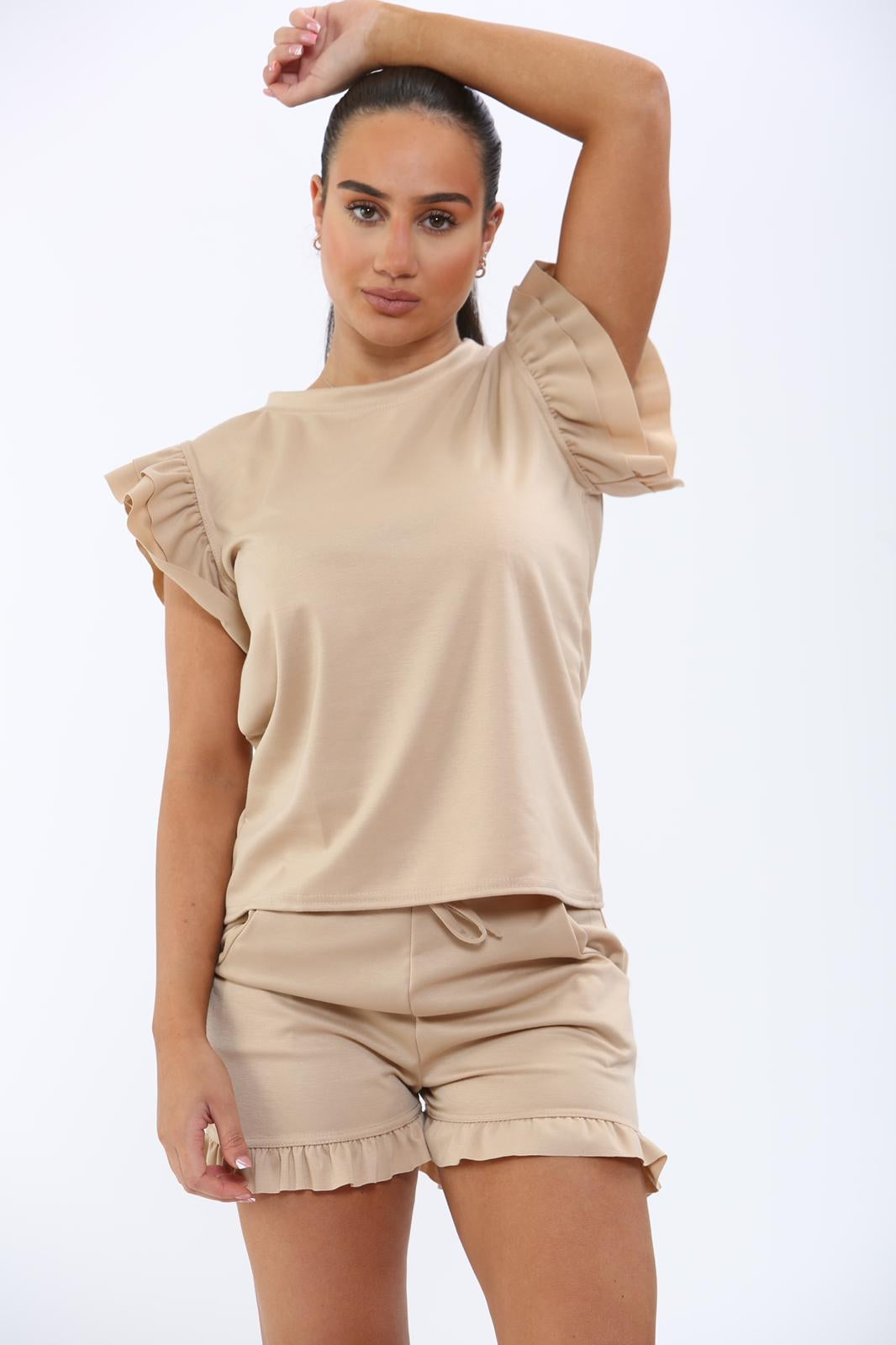 Ladies Frill Peplum Sleeve Top and Short 2 Piece Tracksuit Set 🇬🇧