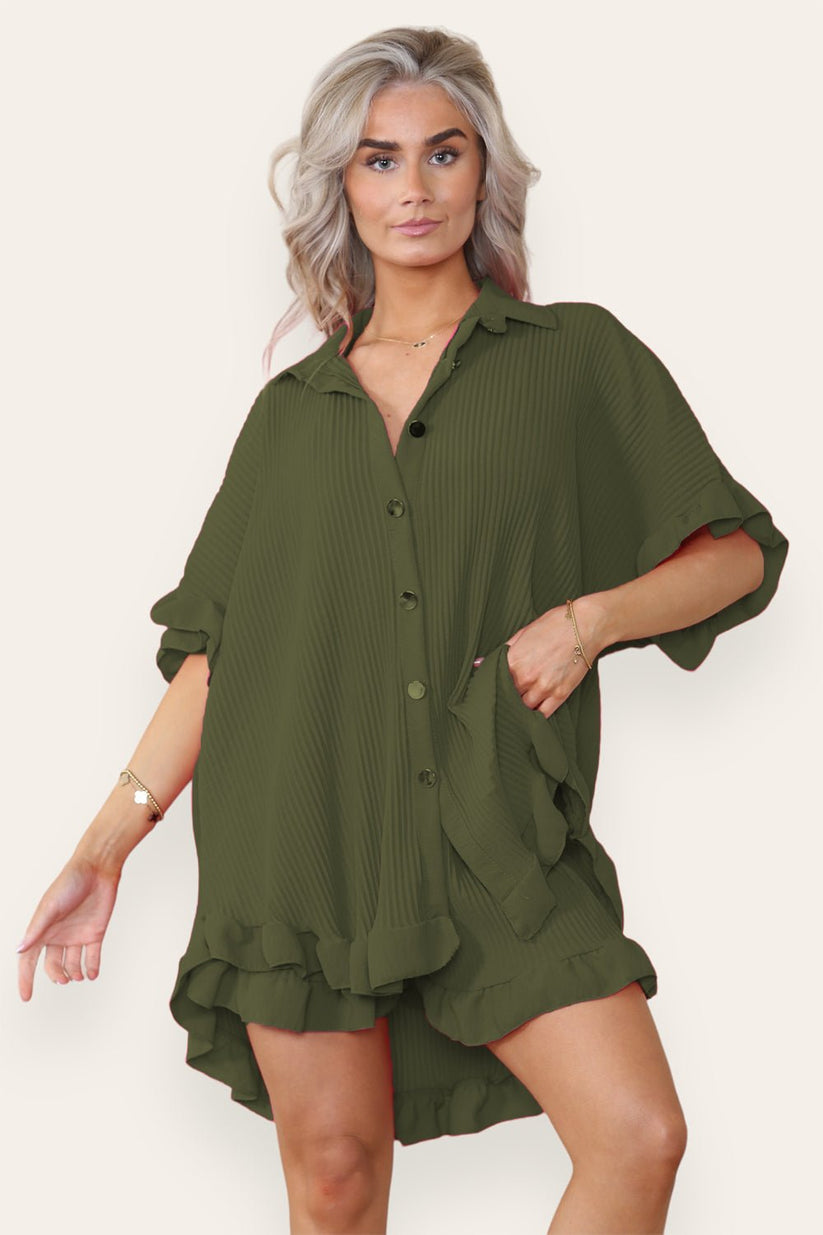Women’s Casual Oversized Gold Button Pleated Frilled Ruffle Short Sleeves Shirt Top and Short Co-Ord Set 🇬🇧