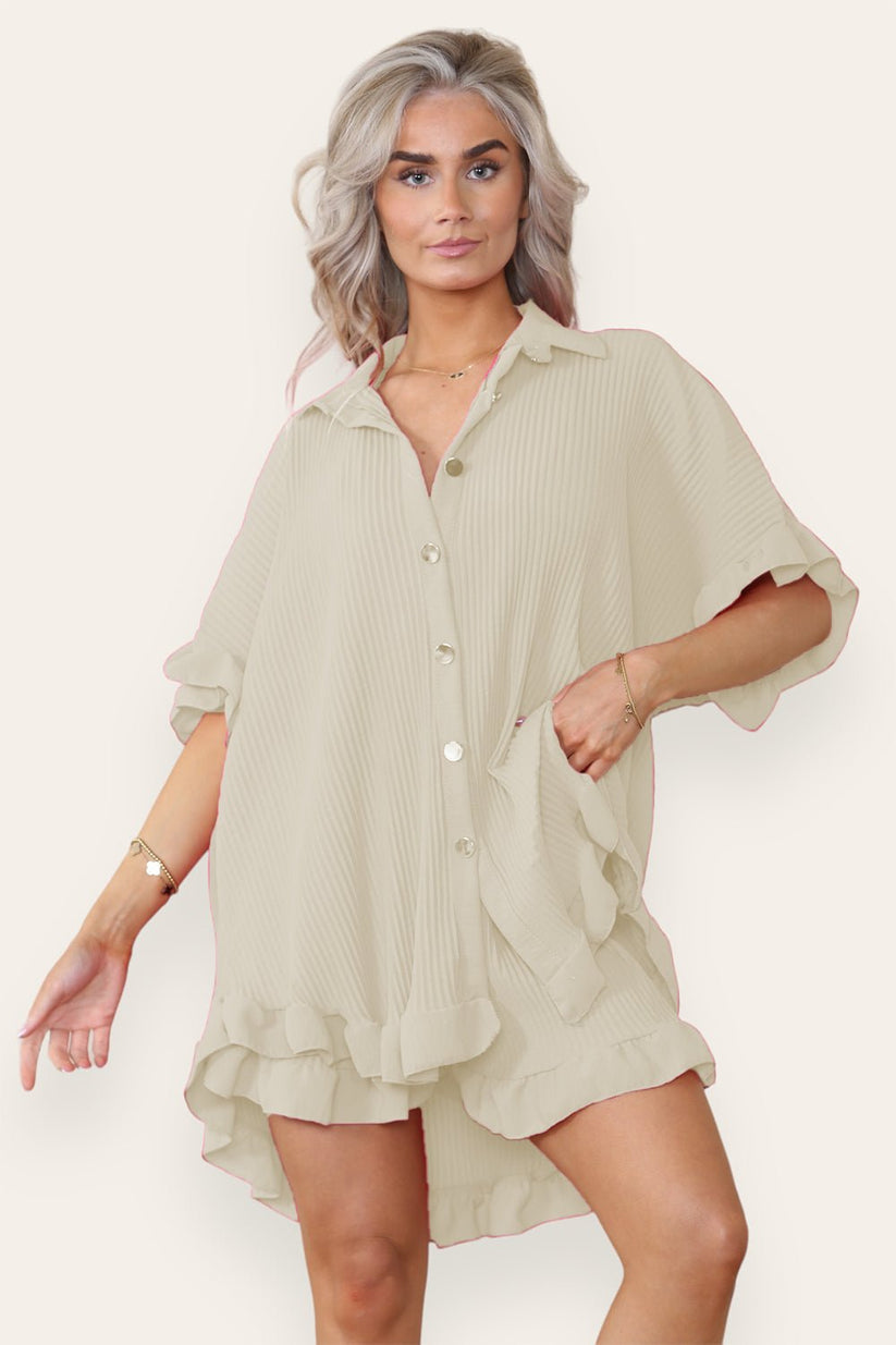 Women’s Casual Oversized Gold Button Pleated Frilled Ruffle Short Sleeves Shirt Top and Short Co-Ord Set 🇬🇧