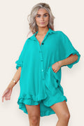 Women’s Casual Oversized Gold Button Pleated Frilled Ruffle Short Sleeves Shirt Top and Short Co-Ord Set 🇬🇧